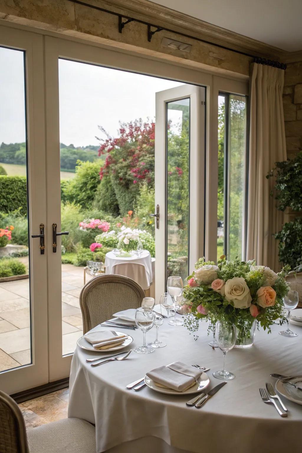 Enjoy meals with a scenic garden backdrop near bifold doors.