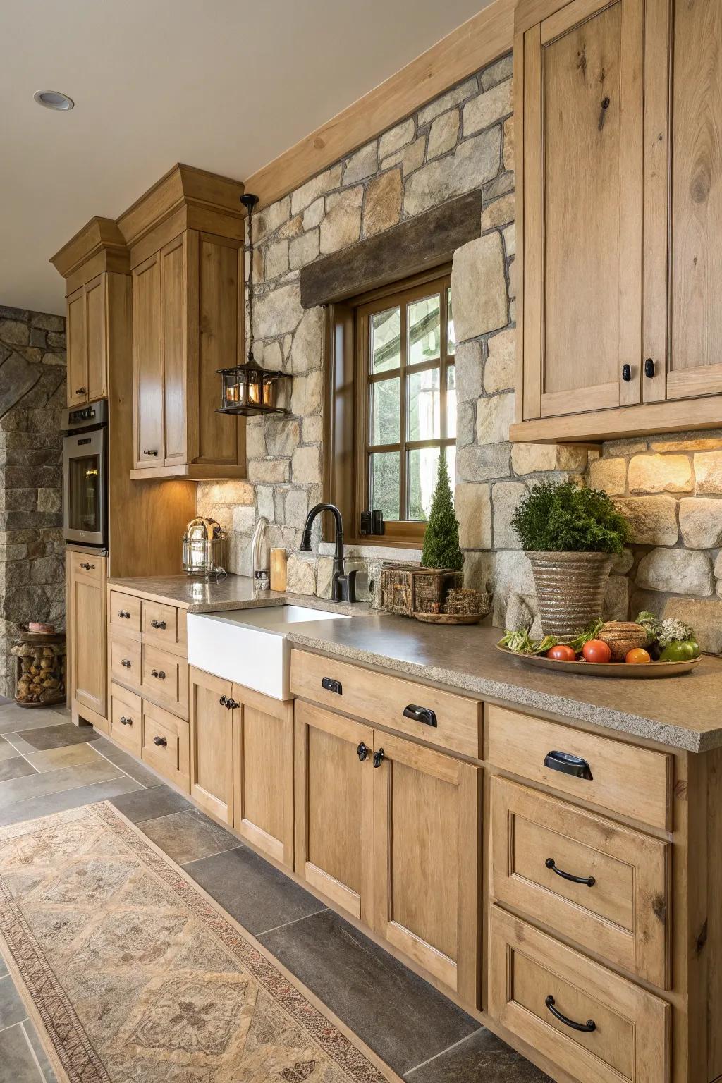 A seamless fusion of light wood cabinets and stone features in a farmhouse kitchen.