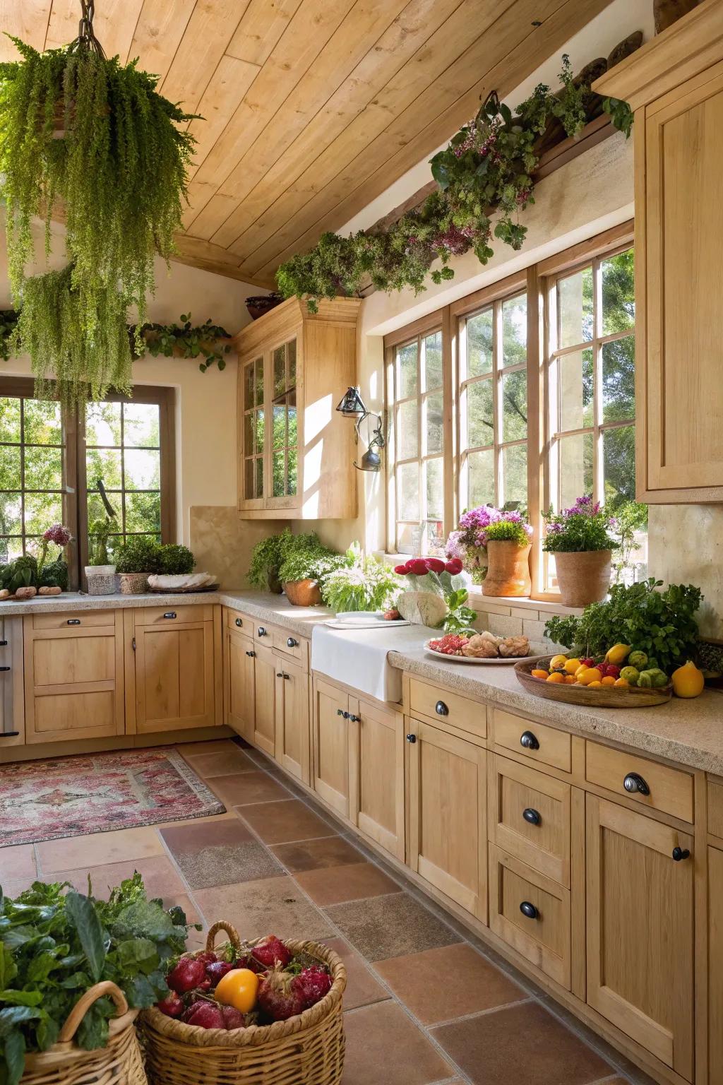 Greenery imparts a natural touch to a kitchen styled with light wood cabinets.