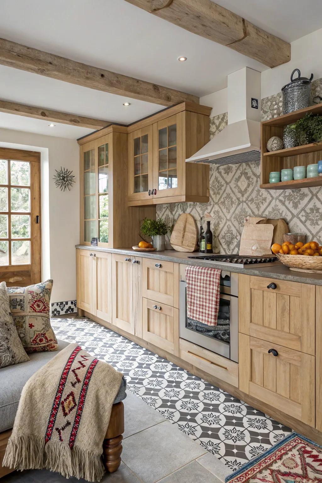 Patterns add a playful element to a kitchen designed with light wood cabinets.