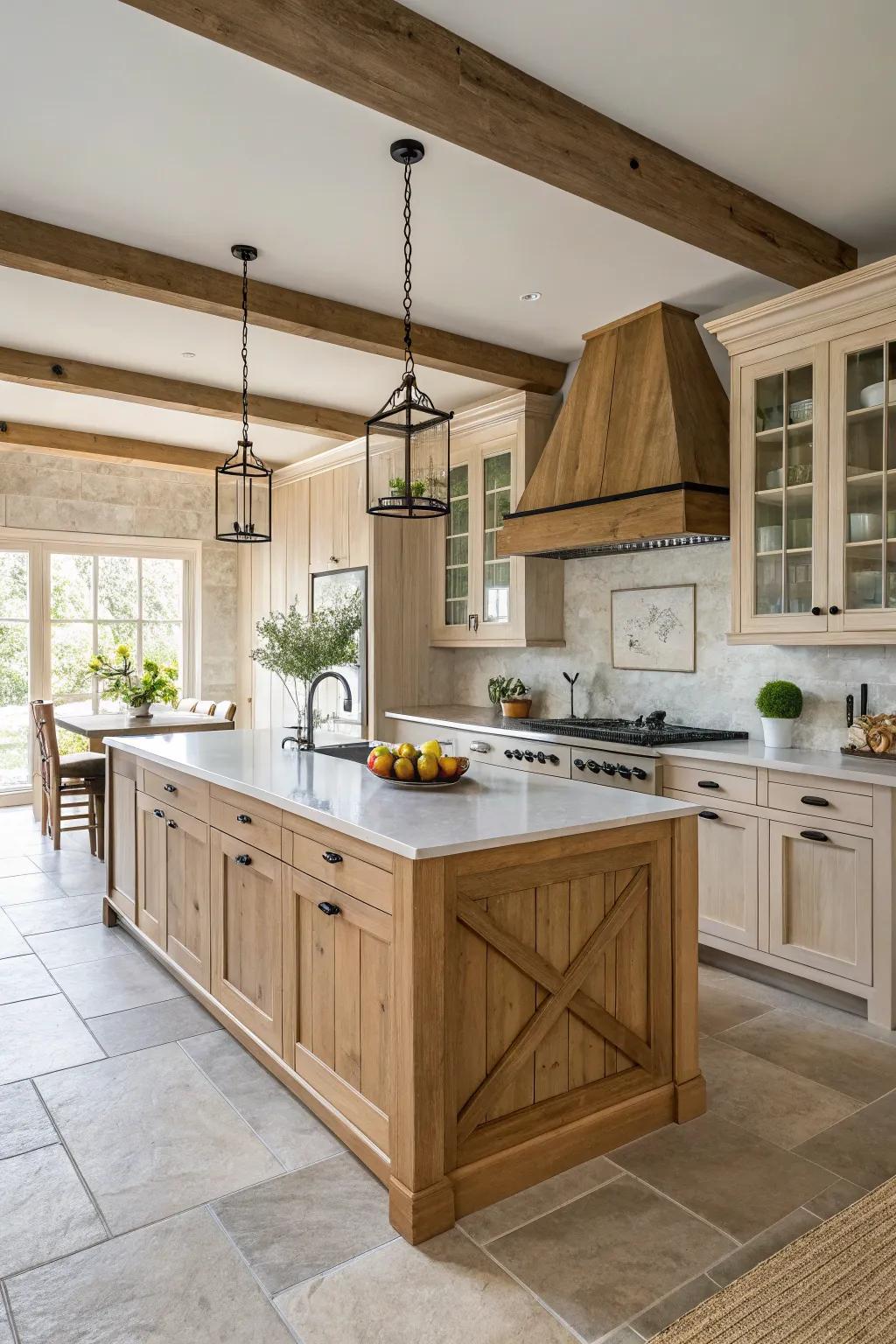 A statement island enriches the design of a kitchen featuring light wood cabinets.