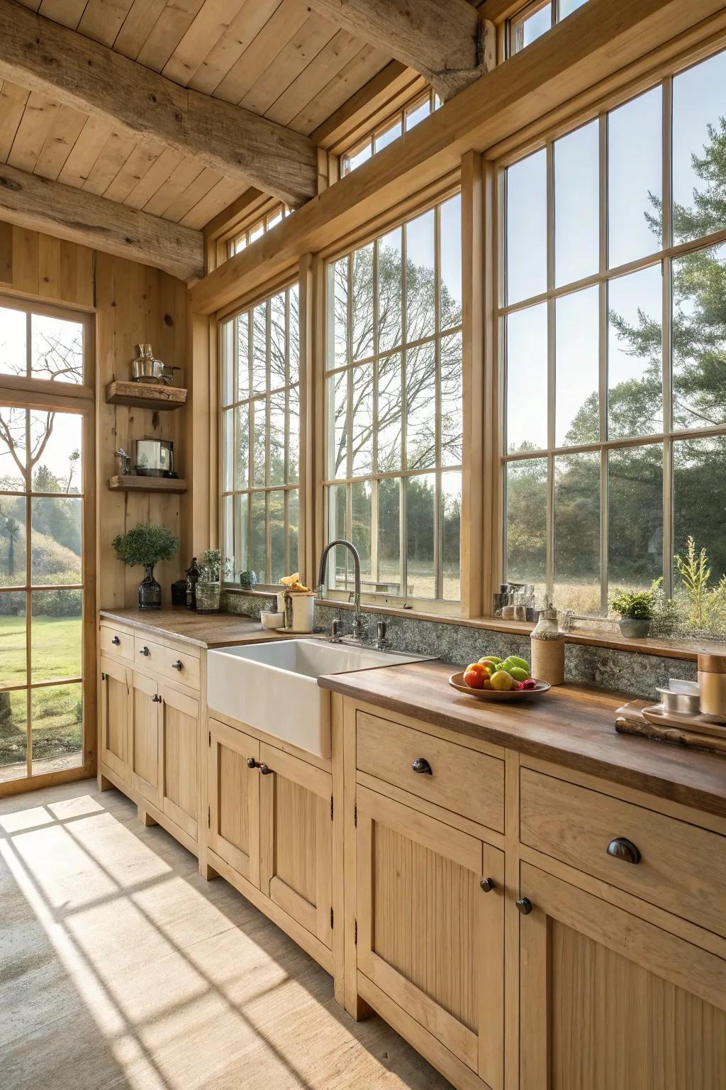 A farmhouse-style kitchen basking in natural light, enhanced by grand windows and light wood cabinets.