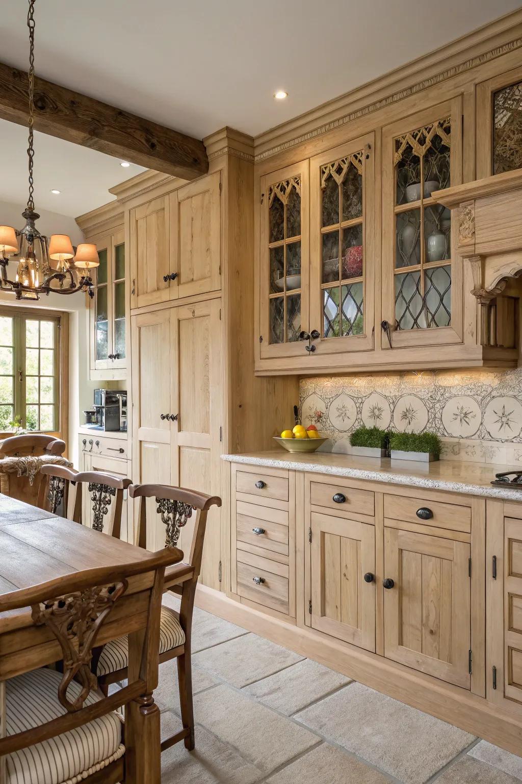 Craftsmanship details enhance light wood cabinets in a farmhouse-style kitchen.