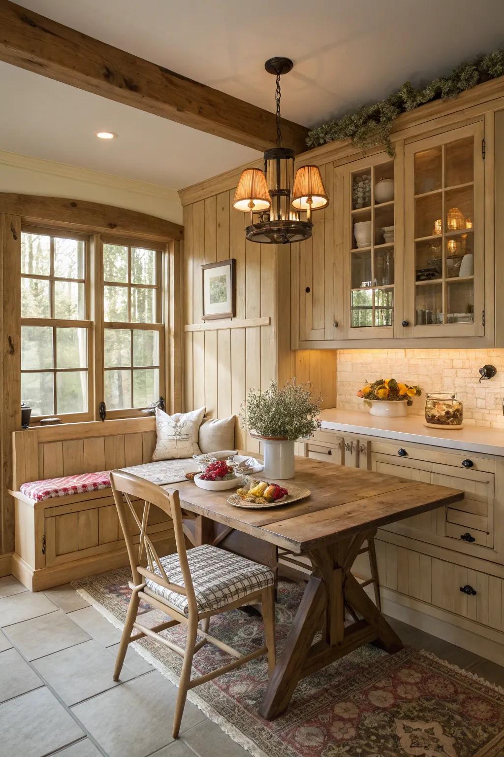 A cozy breakfast nook adds warmth to a kitchen featuring light wood cabinets.