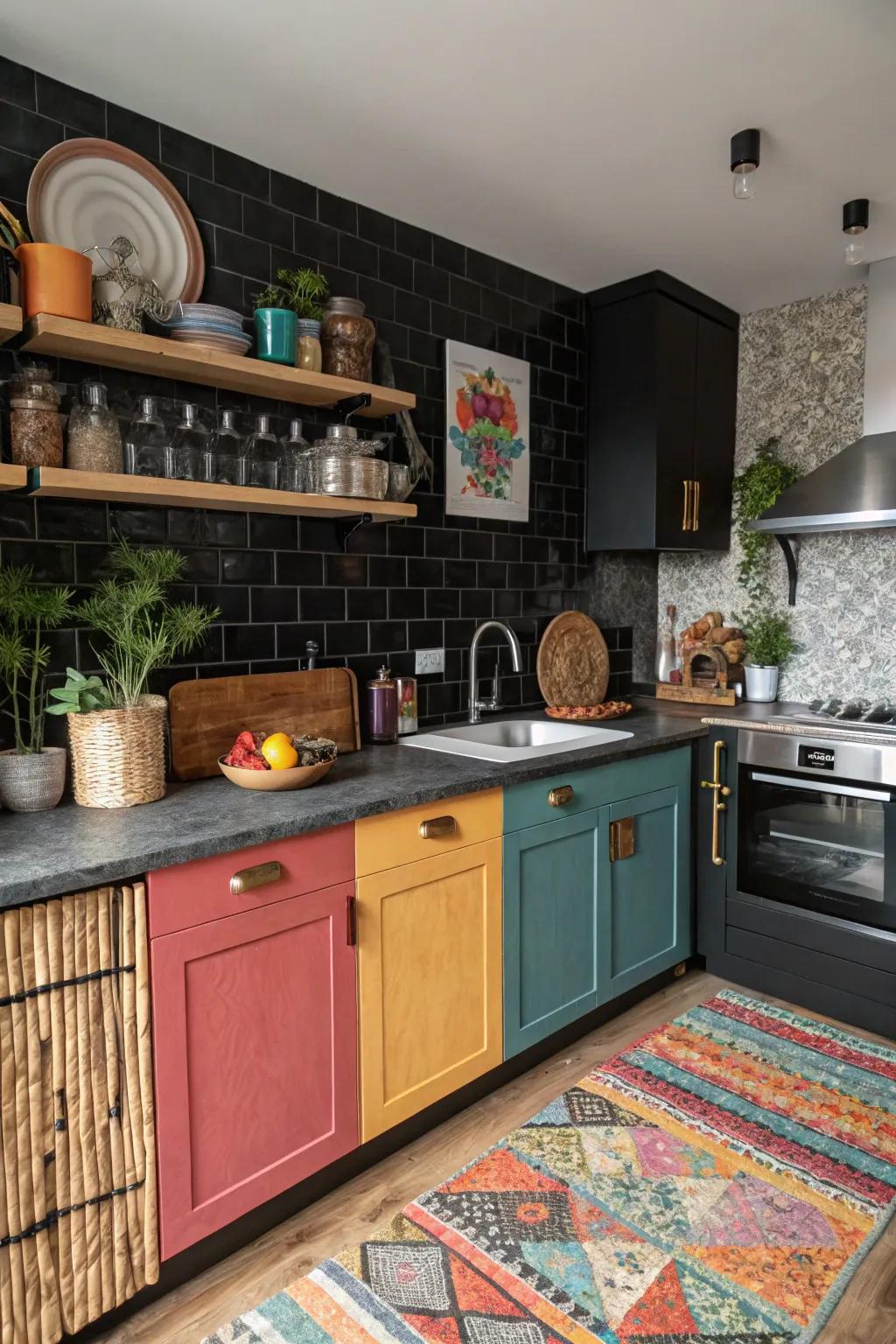 An eclectic kitchen with a dark backsplash made from mixed materials, adding texture and interest.