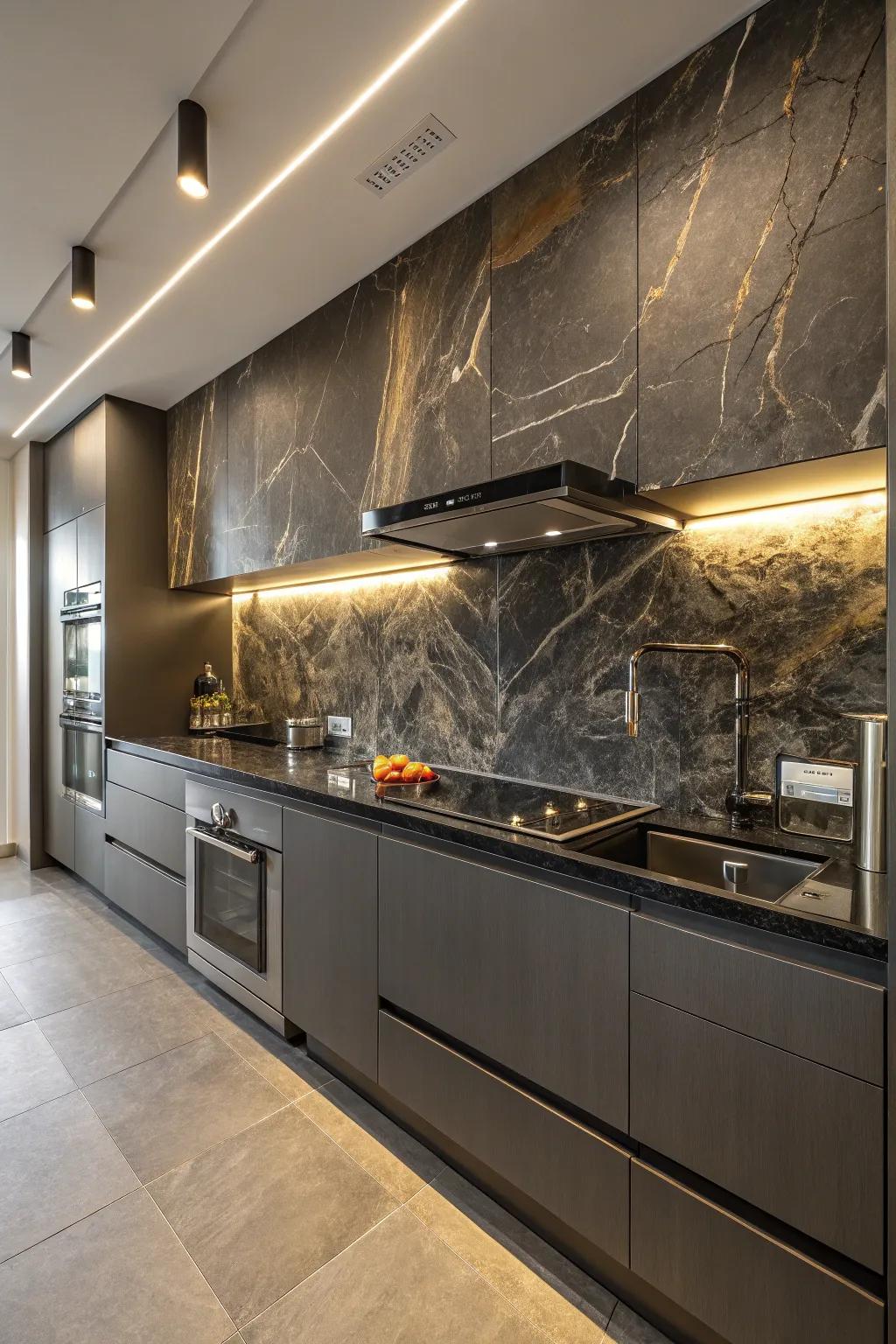 A kitchen featuring a dark stone backsplash paired with sleek modern fixtures.