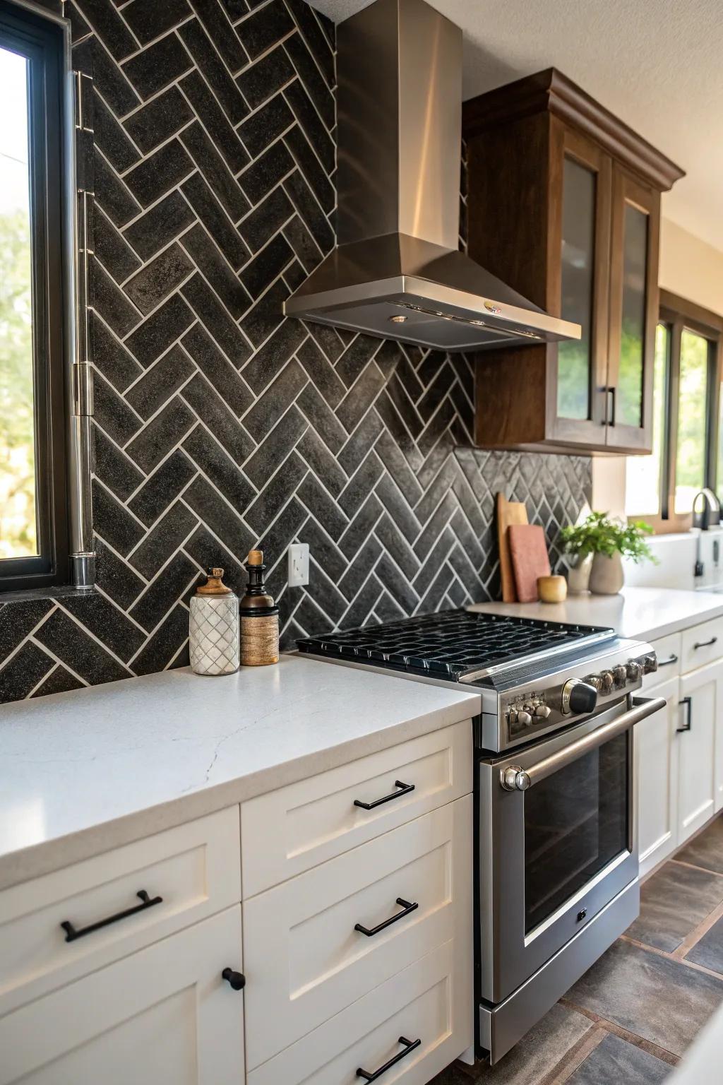 A kitchen with dark tiles arranged diagonally, creating a dynamic backsplash.