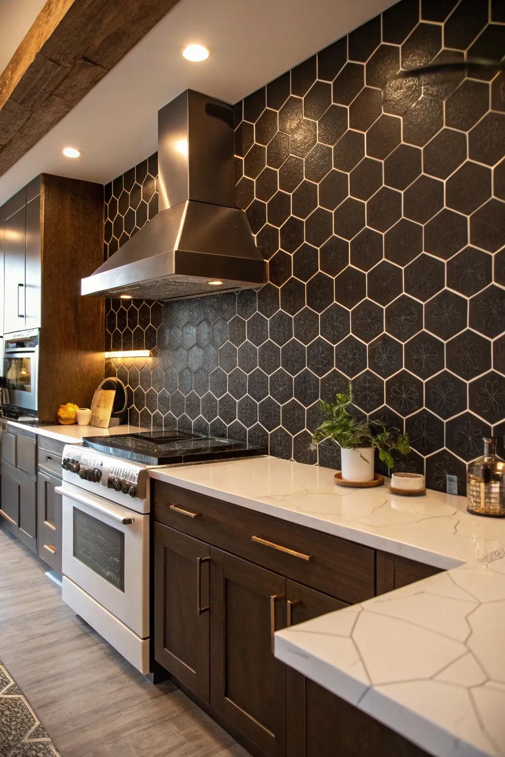 A kitchen featuring a dark hexagonal tile backsplash that adds modern geometric flair.