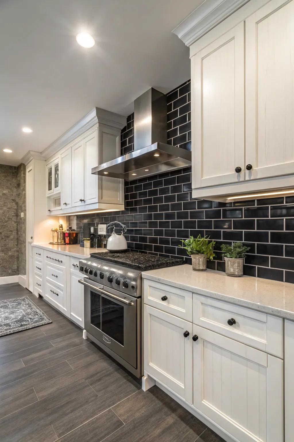A kitchen showcasing a dramatic contrast between a dark backsplash and bright white cabinetry.