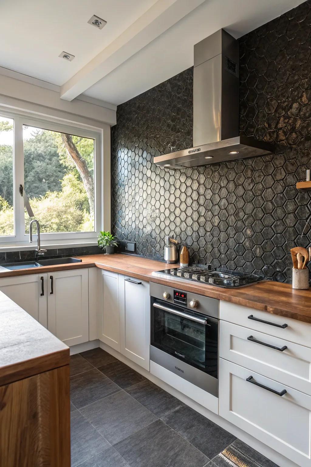 A kitchen featuring a textured dark tile backsplash that adds warmth and dimension.