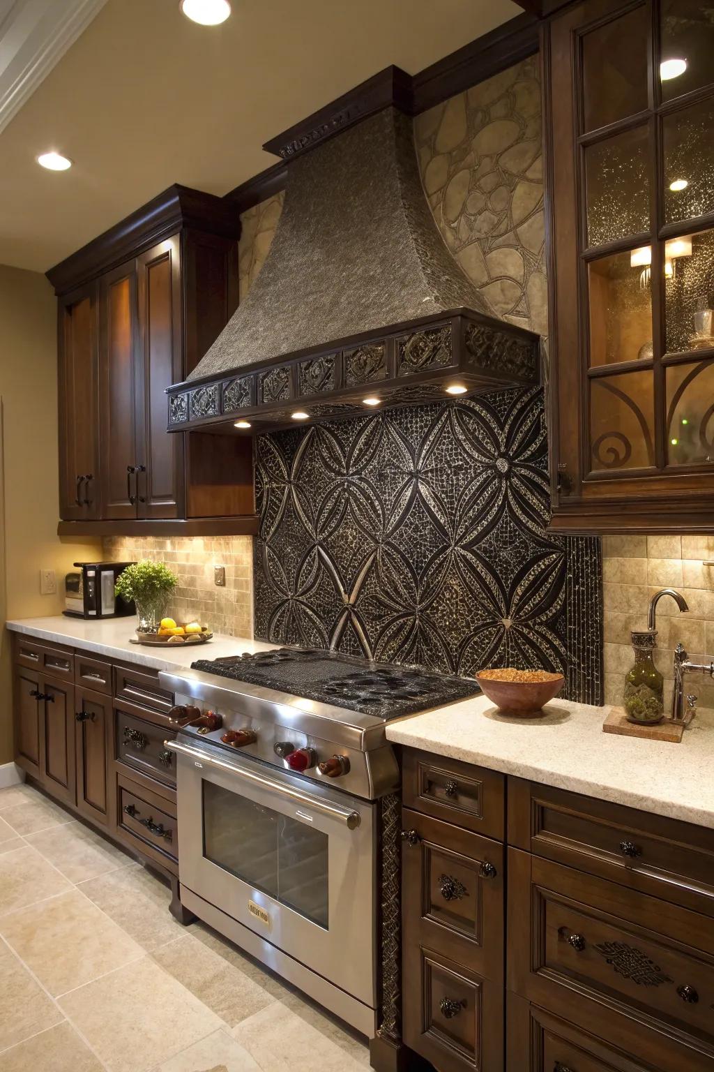 A kitchen featuring a dark mosaic backsplash as a striking artistic centerpiece.