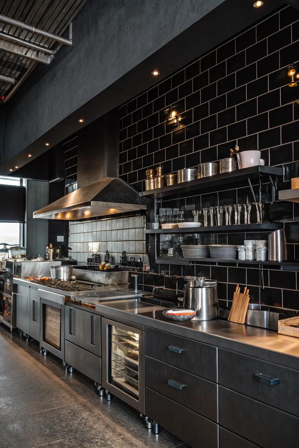 An industrial-style kitchen featuring a dark backsplash with metal fixtures and raw brick accents.