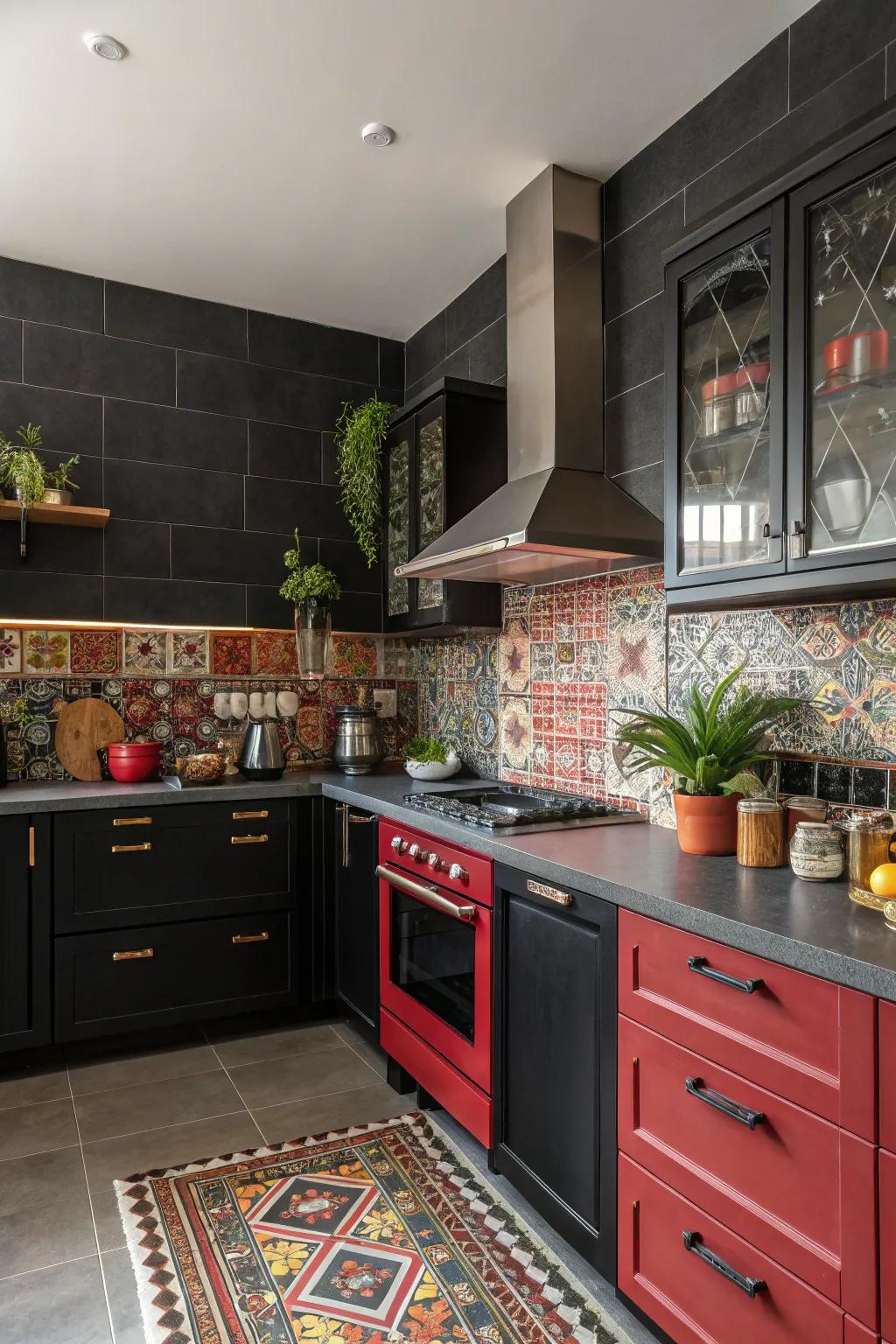 A lively kitchen featuring a dark backsplash with bold red and blue accents.