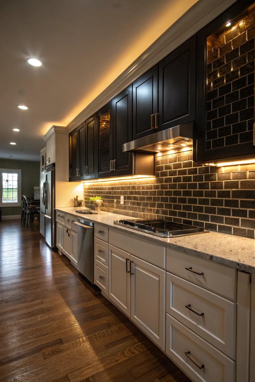 A kitchen illuminated by under-cabinet lighting that accentuates a dark backsplash.