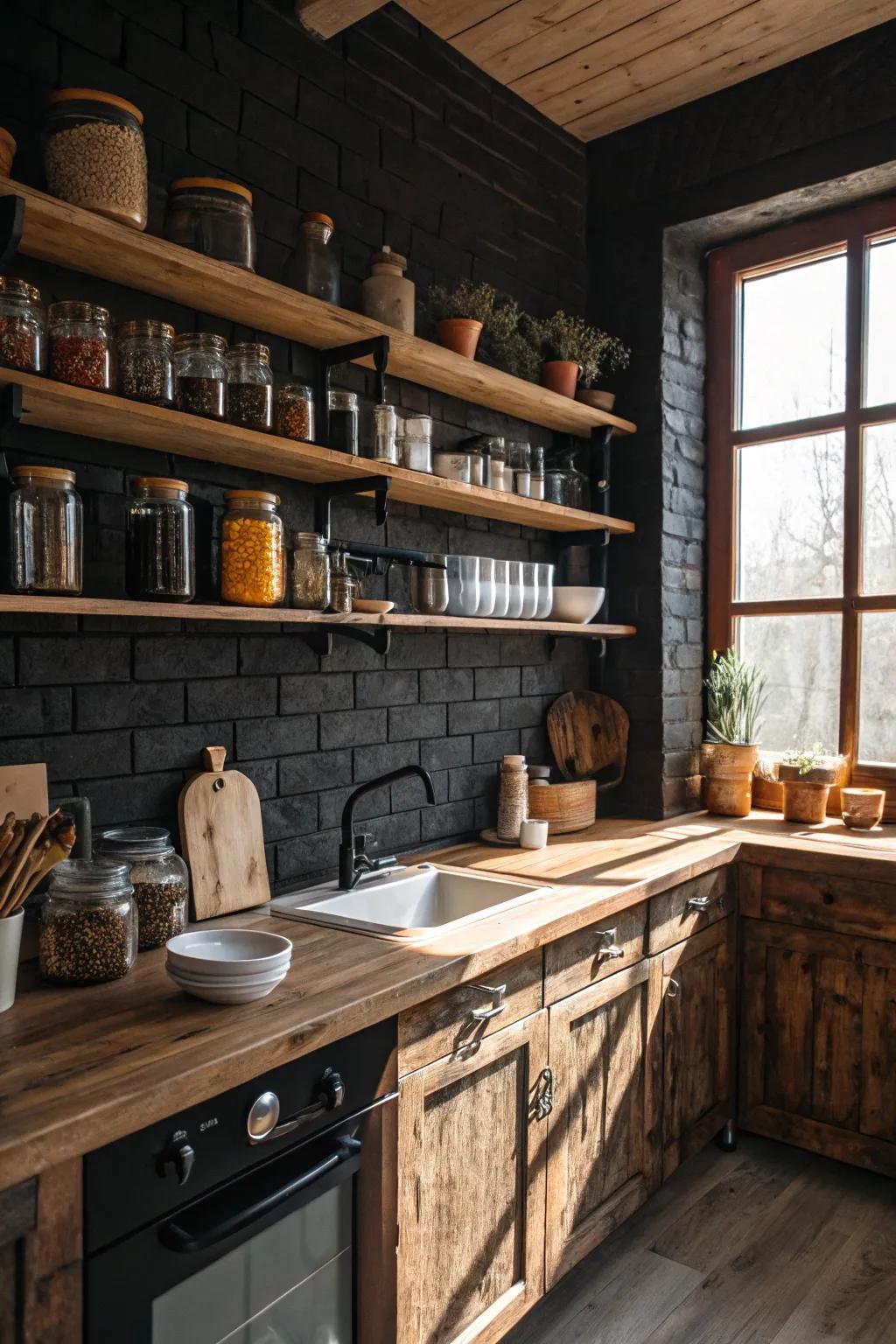 A warm kitchen featuring a dark brick backsplash paired with rustic wooden shelves.