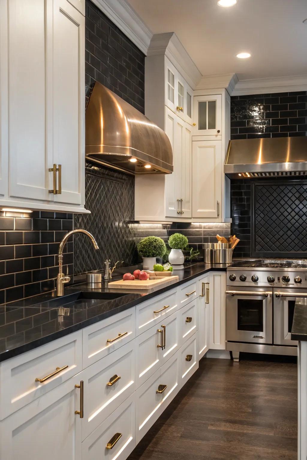 A kitchen with a dark backsplash enhanced by shiny metallic accents for a luxurious feel.