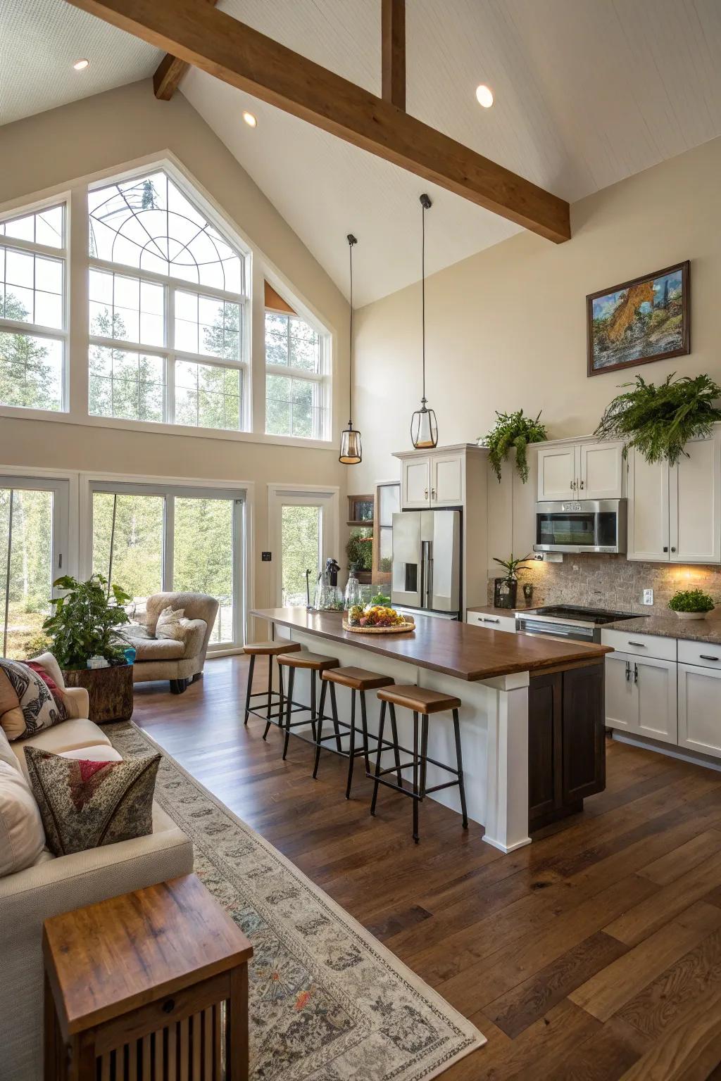 Open floor plan enhances flow and spaciousness in the kitchen.