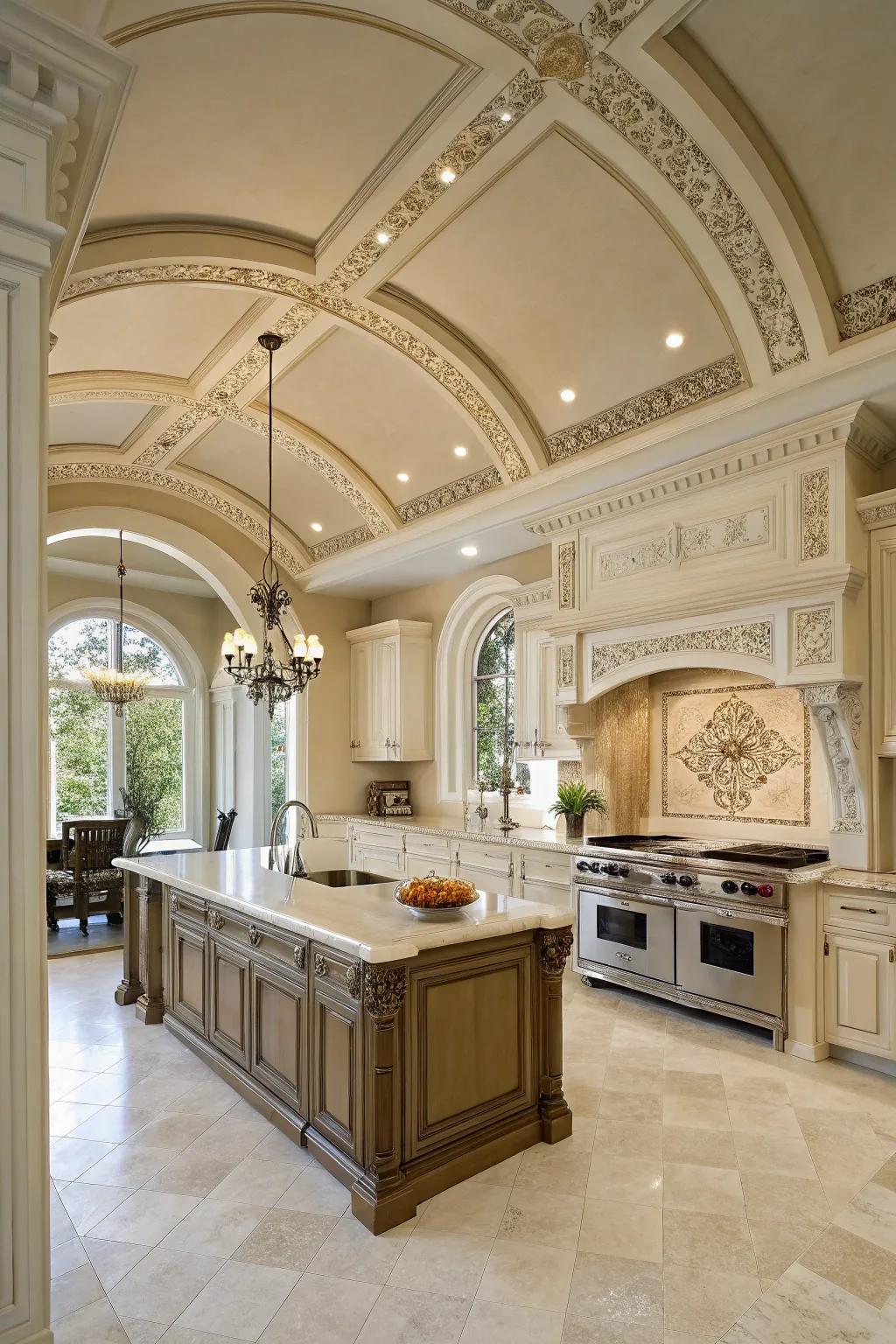 Decorative accents add elegance to the kitchen's tall ceilings.