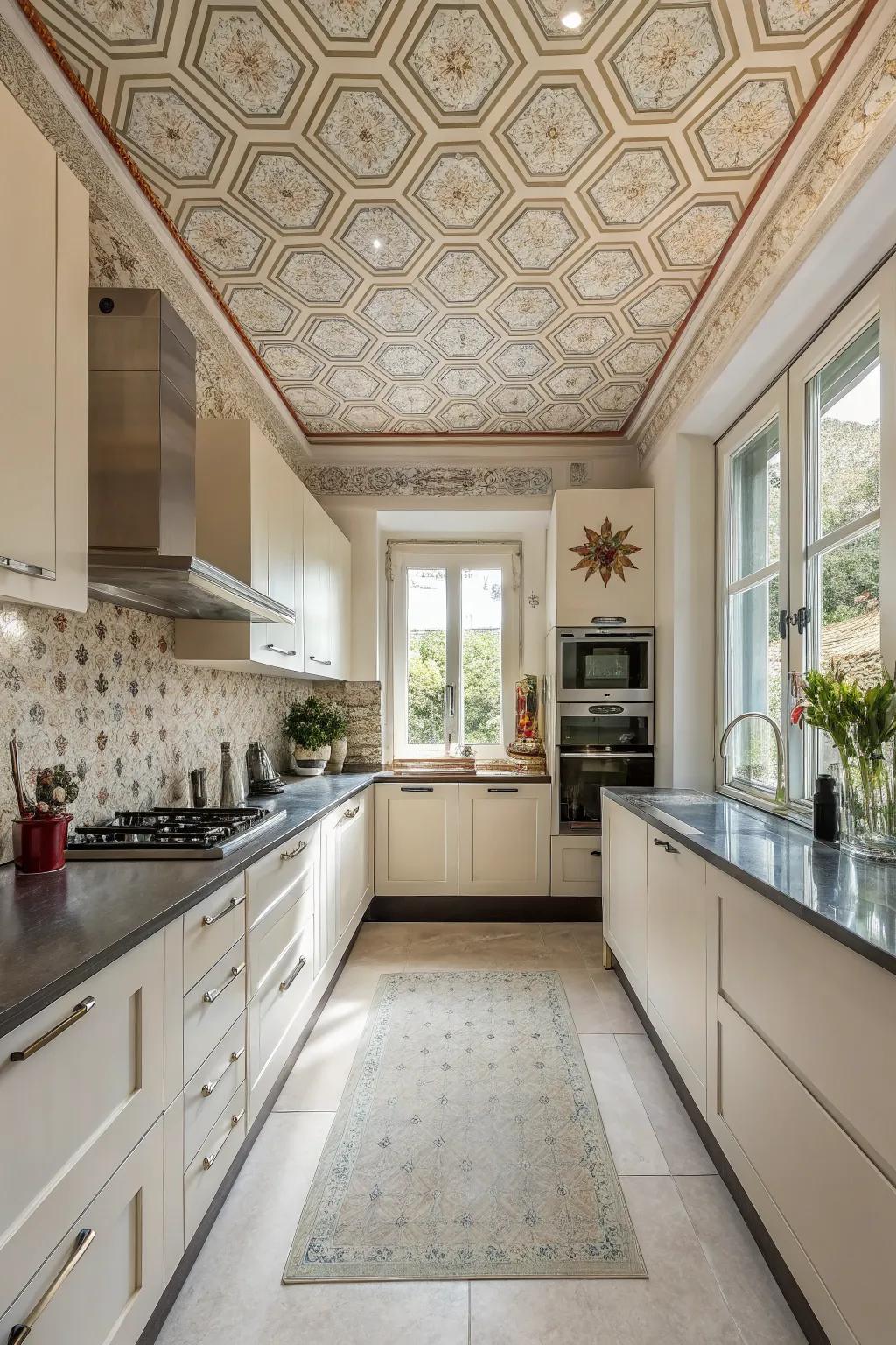 Patterned wallpaper on the ceiling adds unexpected charm.