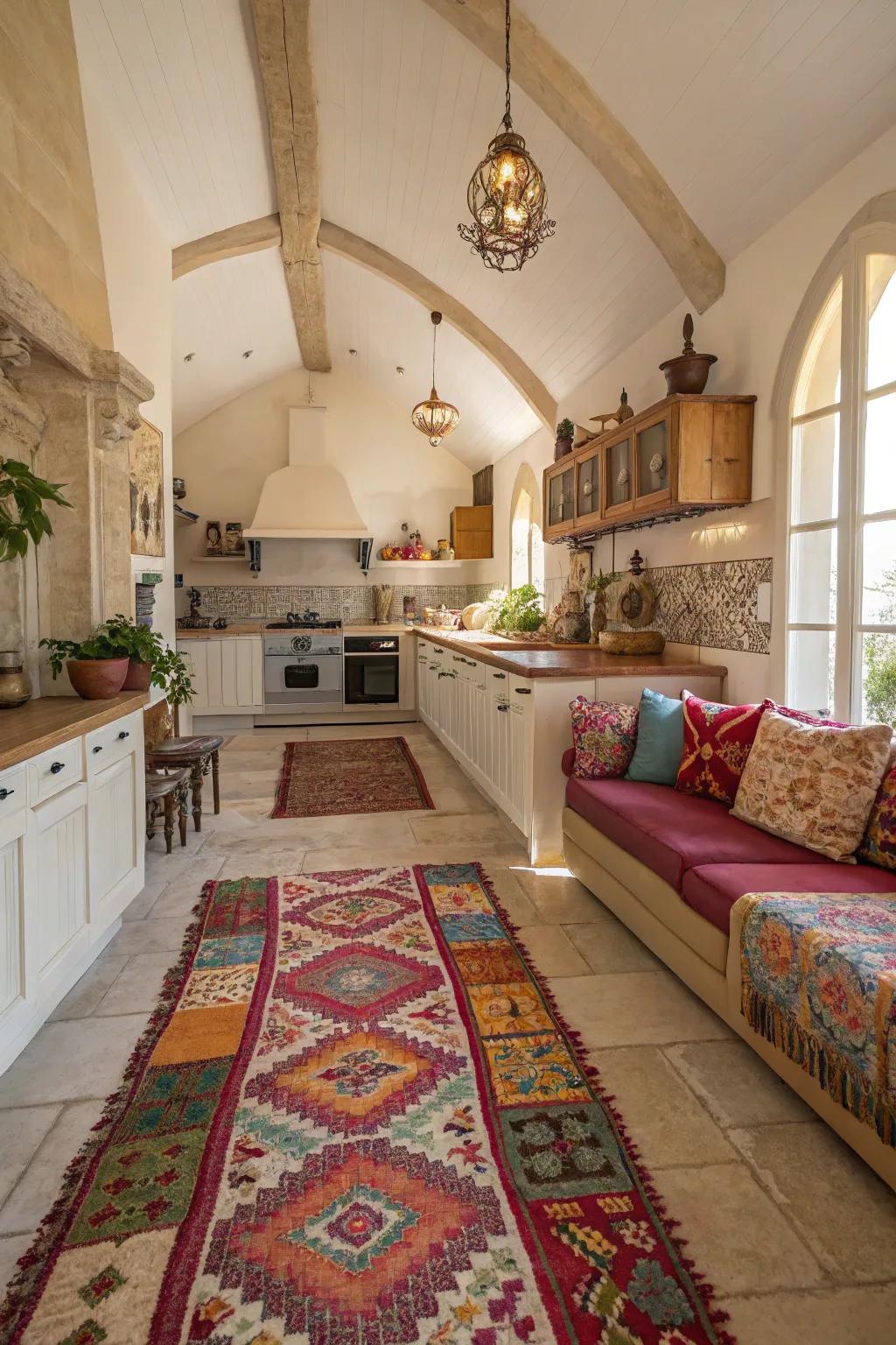 Textiles add warmth and reduce echo in the kitchen.