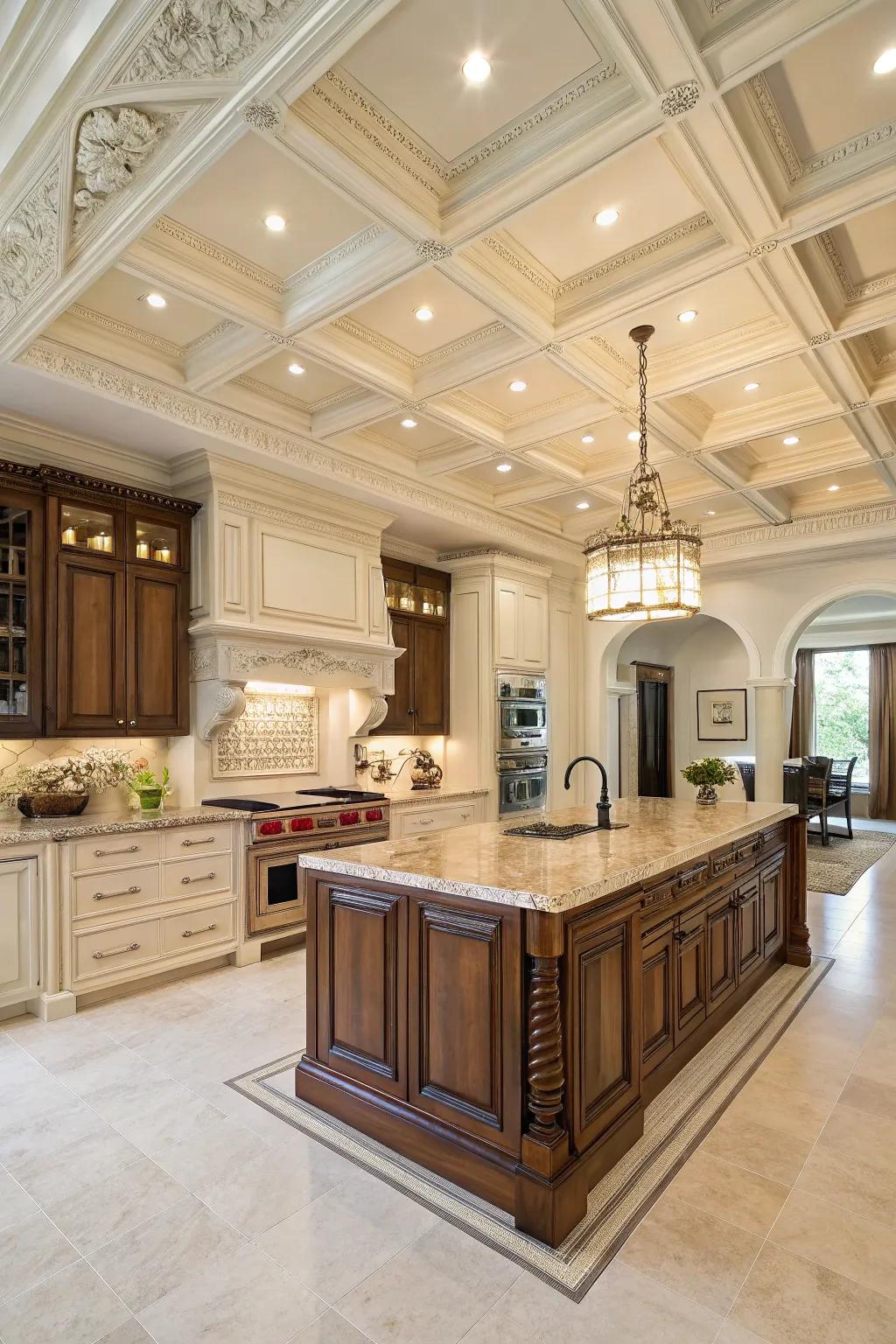 Coffered ceilings add architectural interest and elegance.