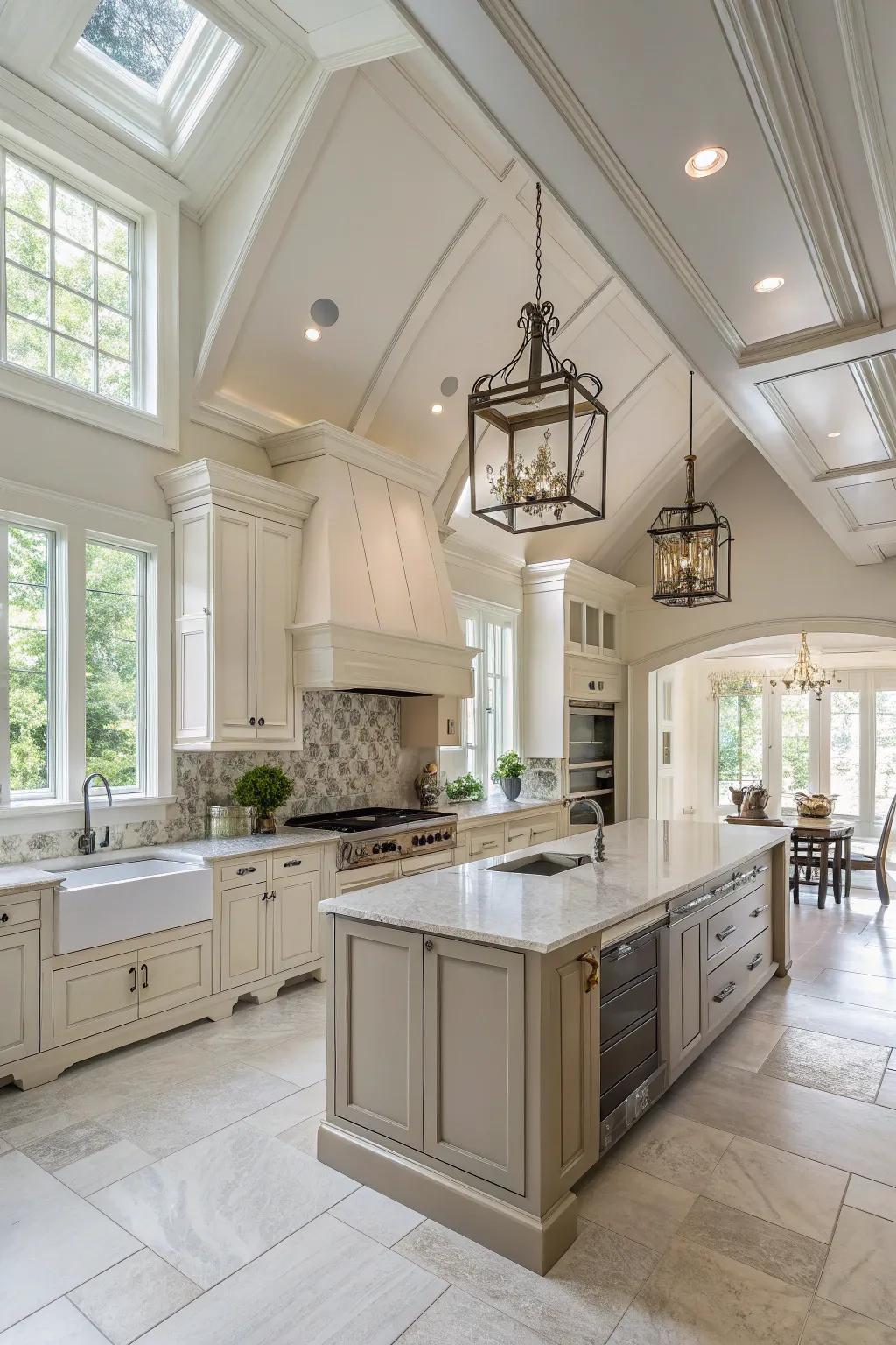 Neutral tones amplify the kitchen's spacious and elegant feel.