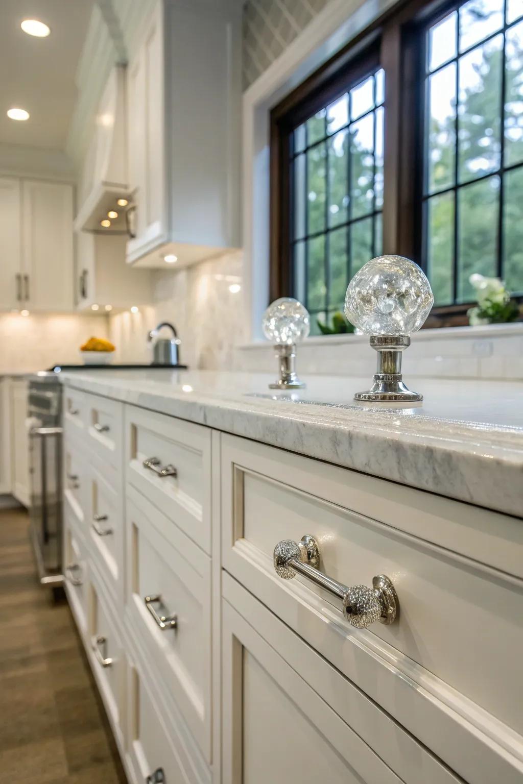 Glass handles add sparkle and elegance to kitchen cabinets.
