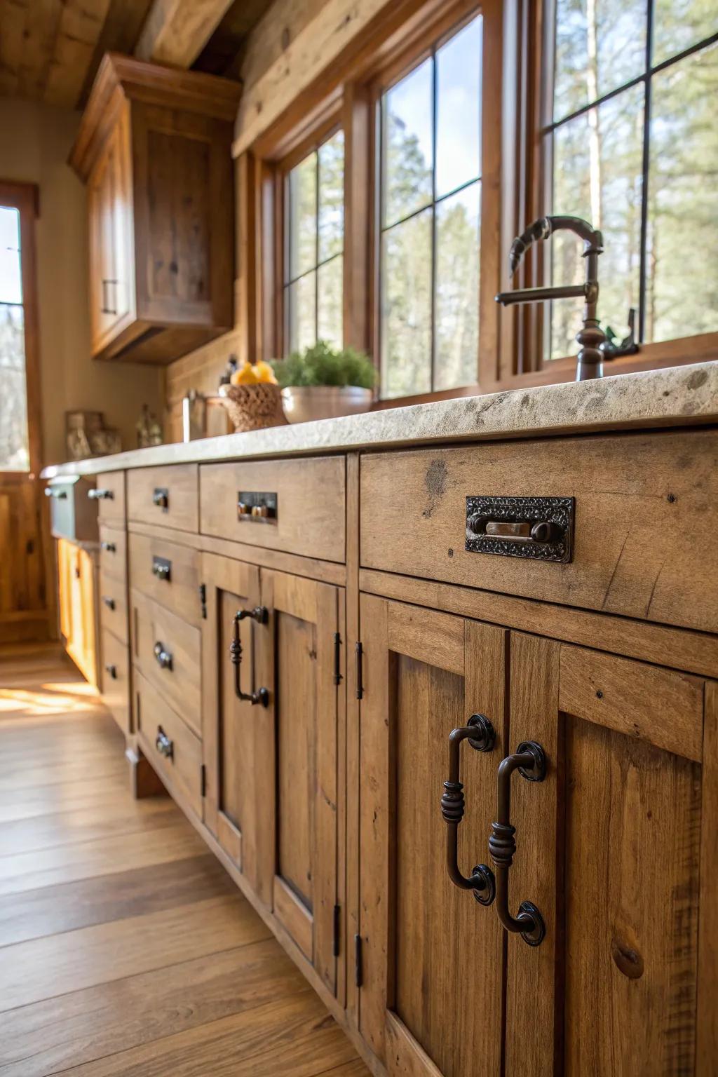 Rustic hardware adds warmth and character to kitchens.