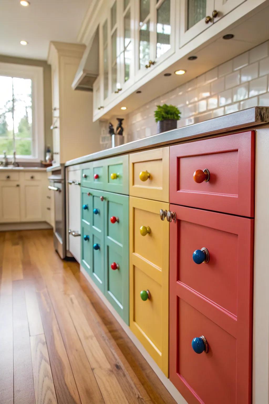 Colorful hardware instantly enlivens kitchen decor.