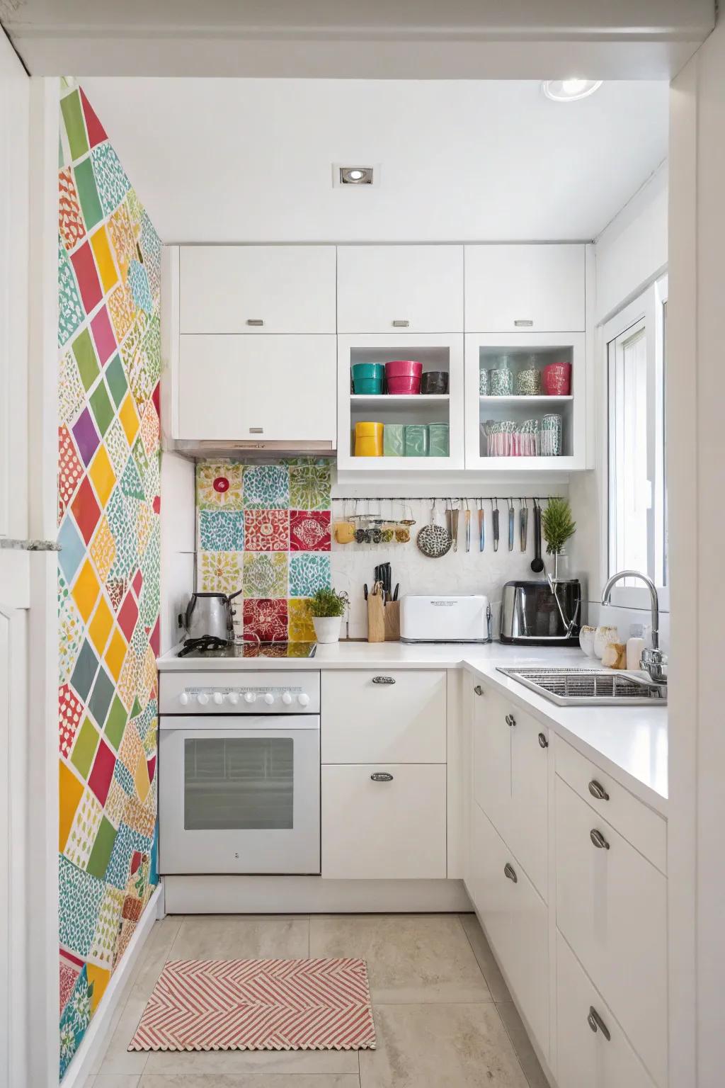 Colorful accents add personality to a white kitchen.