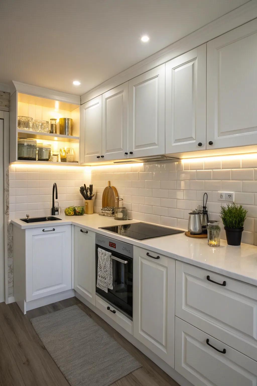 Task lighting improves kitchen usability and mood.