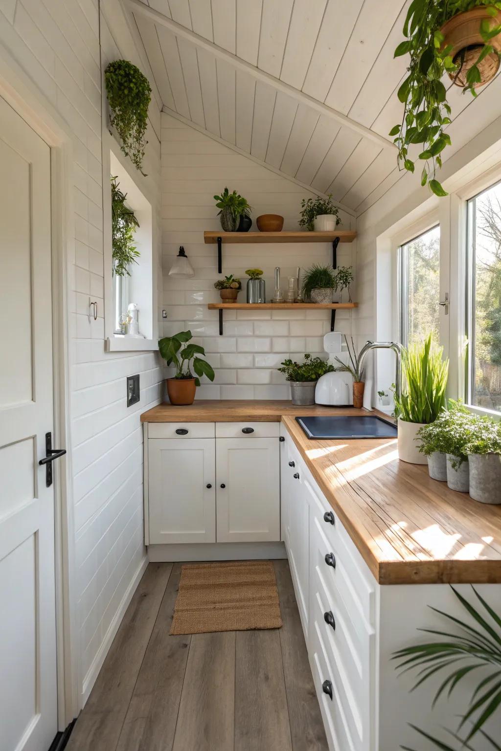 Natural materials add warmth to a white kitchen.
