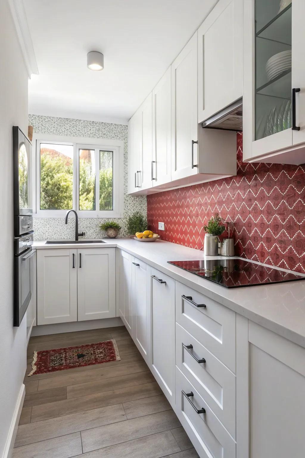 Contrasting backsplash adds dimension to a white kitchen.