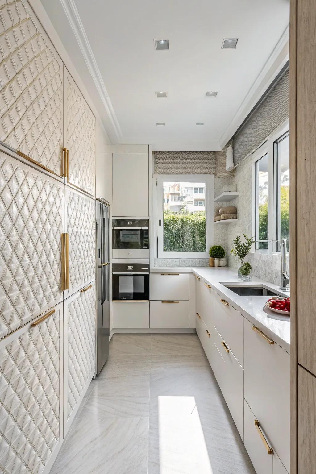 Textured surfaces add dimension to a white kitchen.