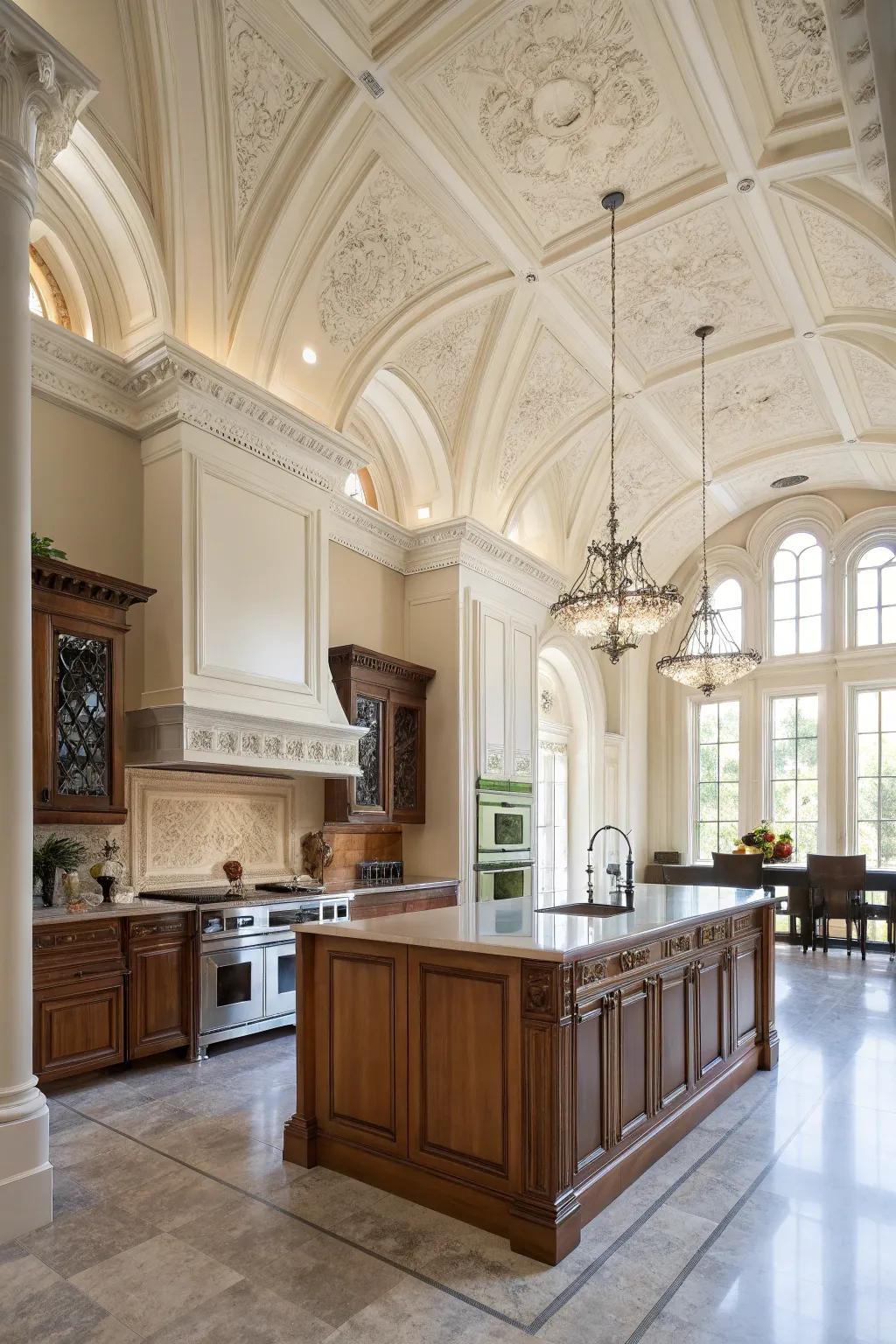 Stacked molding complements tall ceilings.