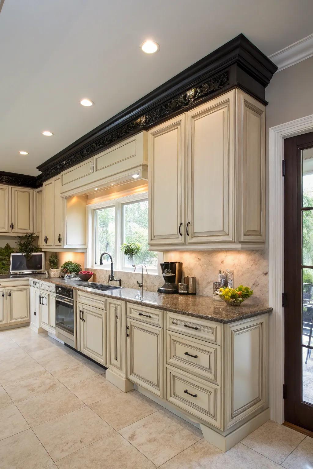 Dark molding contrasts with bright cabinetry for impact.