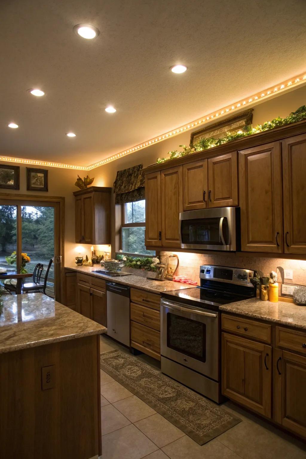 Diode lights above molding create a warm ambiance.