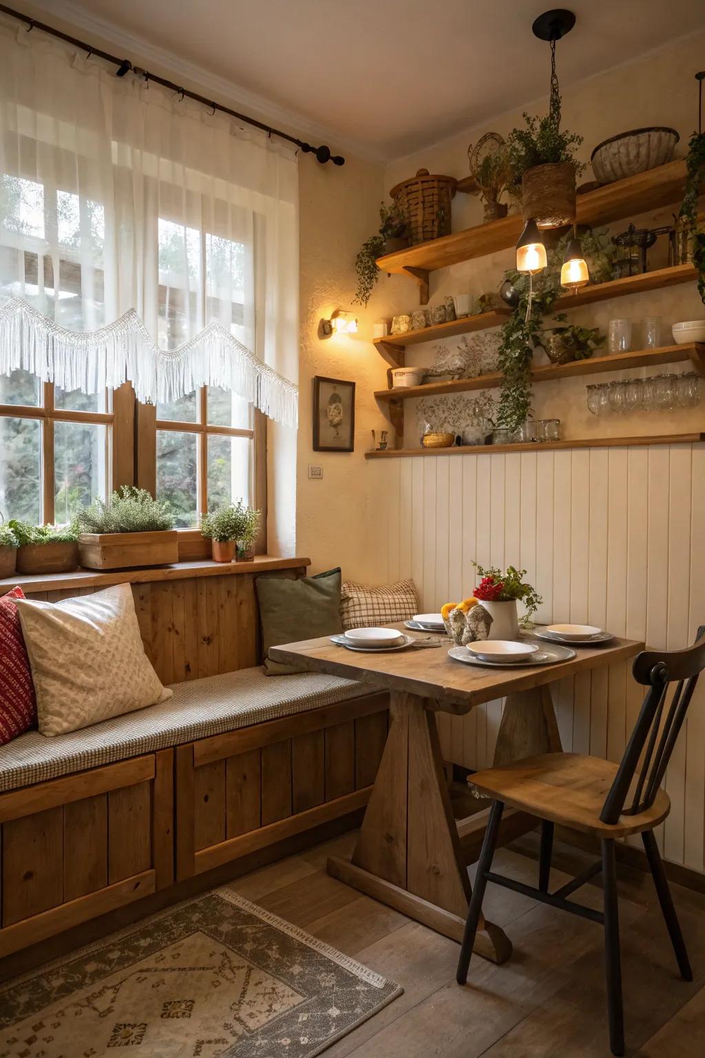 A seating alcove provides cozy dining in a compact space.