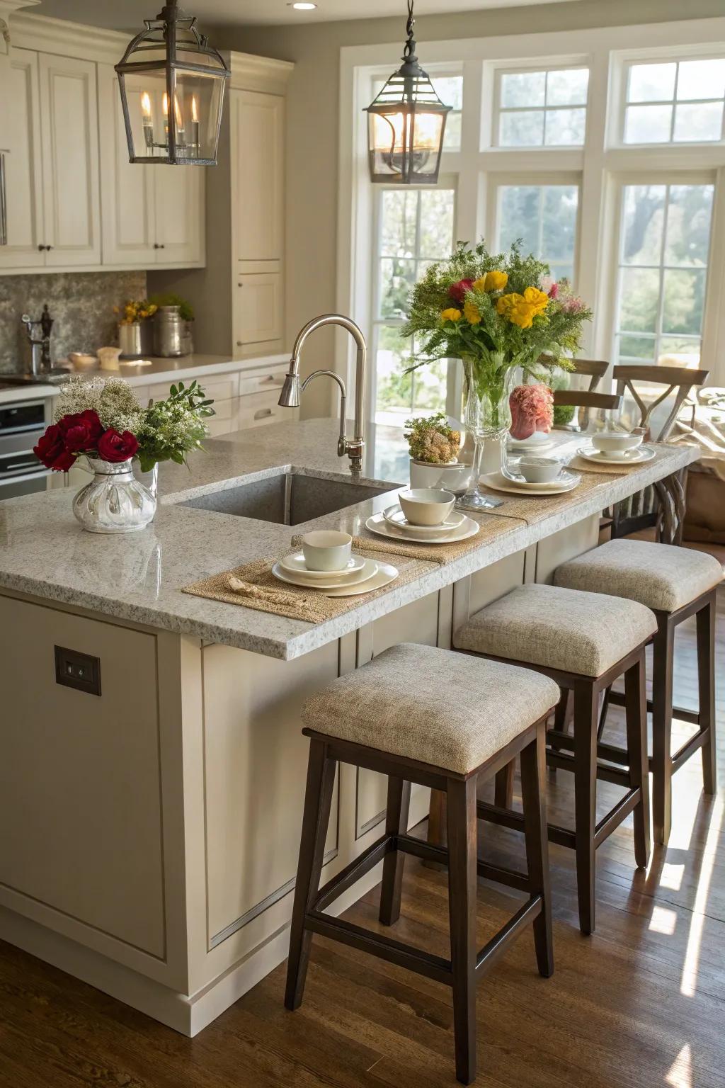 A versatile island serves as the kitchen’s functional and social hub.