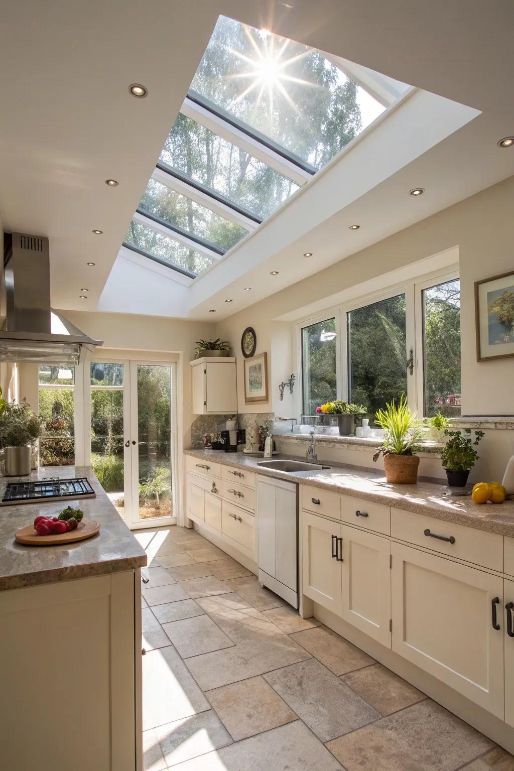 Skylights flood the kitchen with natural light, enhancing openness.