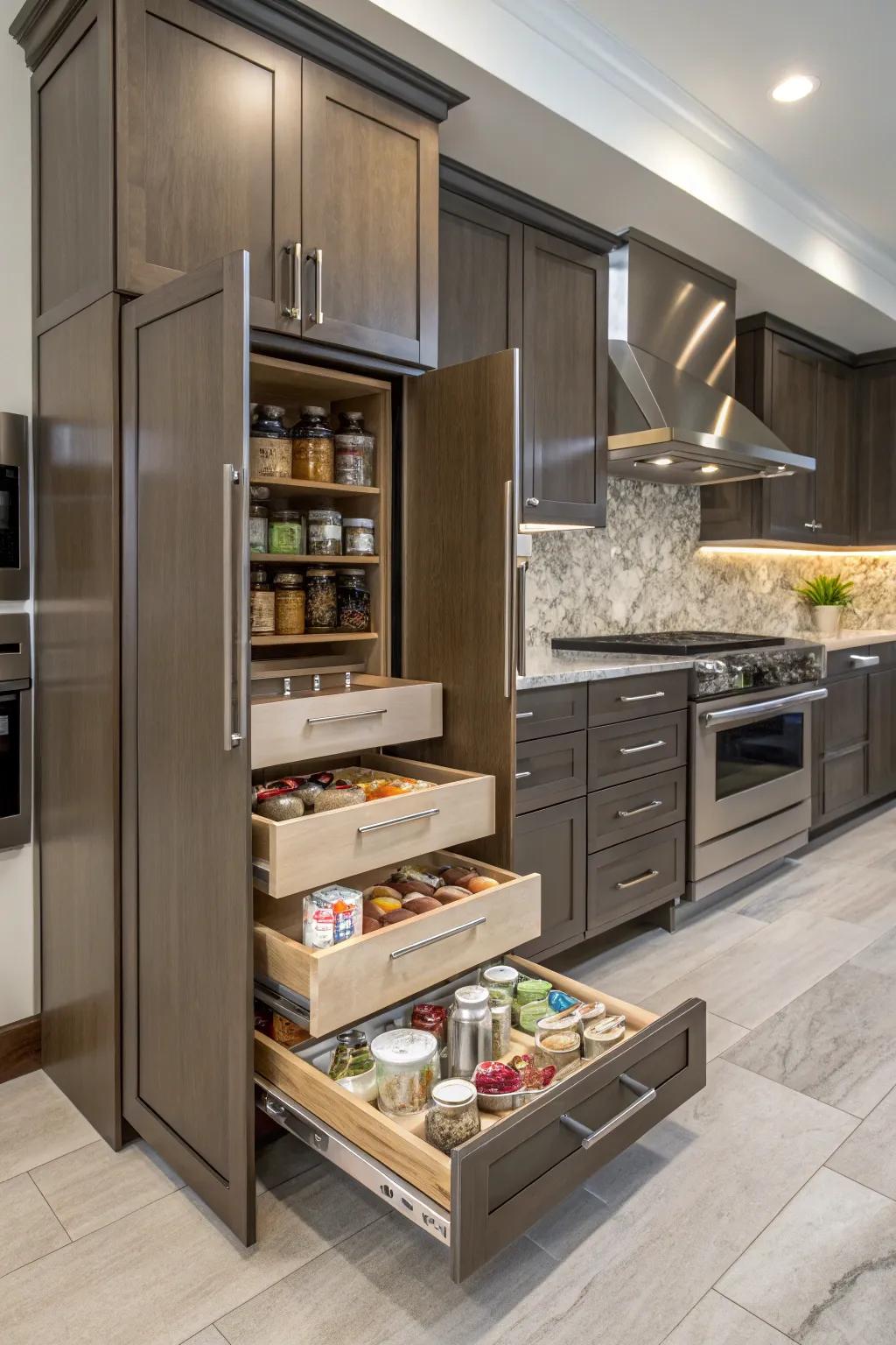 Customized storage solutions enhance kitchen organization and style.
