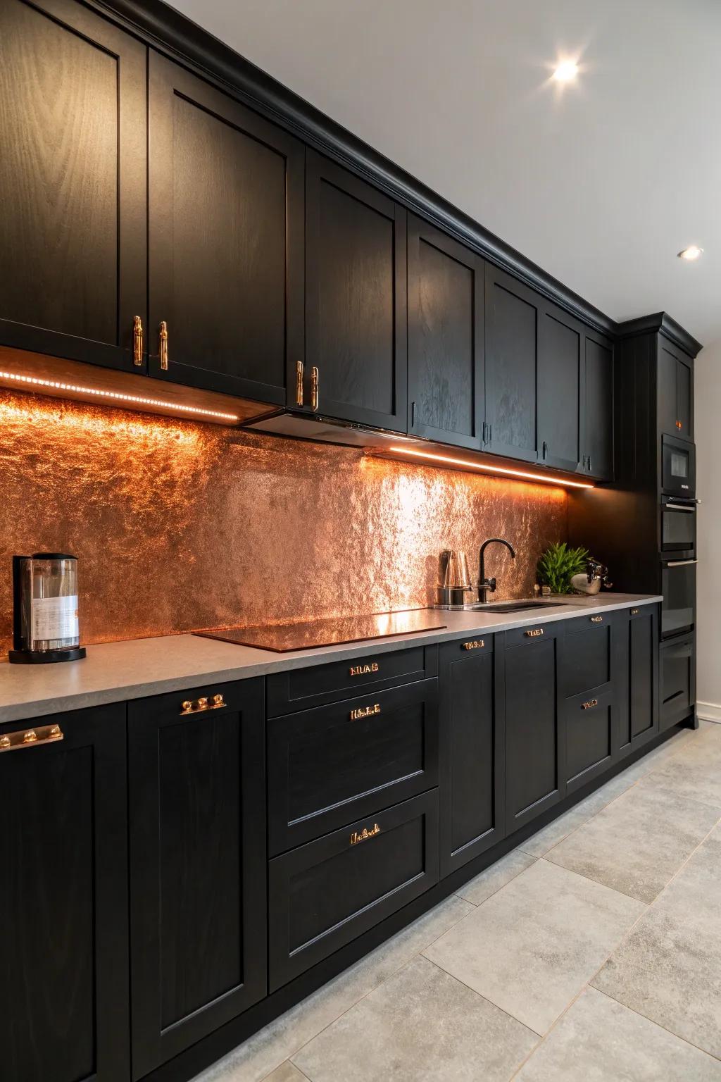 Copper splashbacks add texture and warmth to sleek black kitchens.