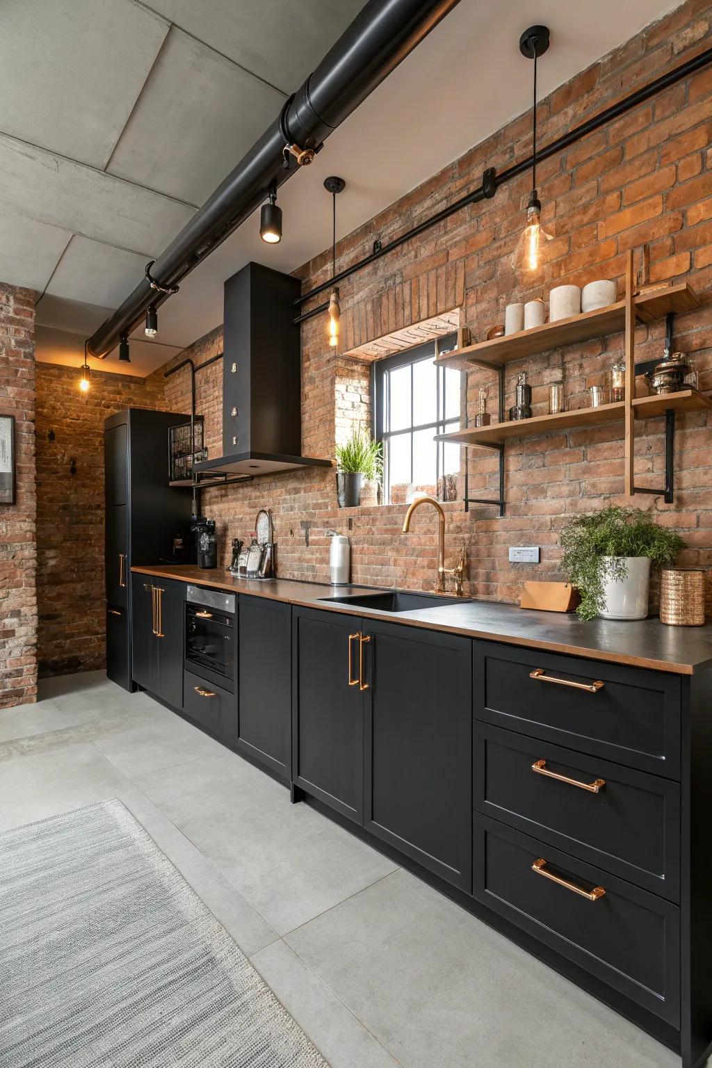 Industrial elements add an edgy, urban feel to a black and copper kitchen.