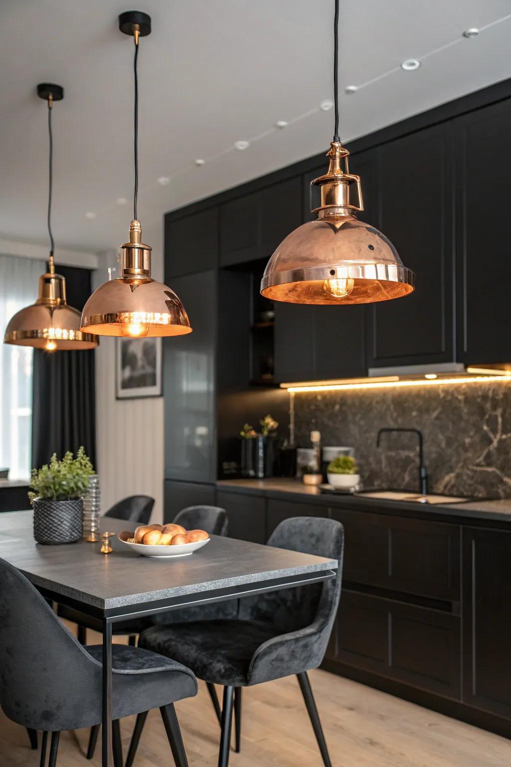 Copper lighting fixtures add a warm, inviting glow to a black kitchen.