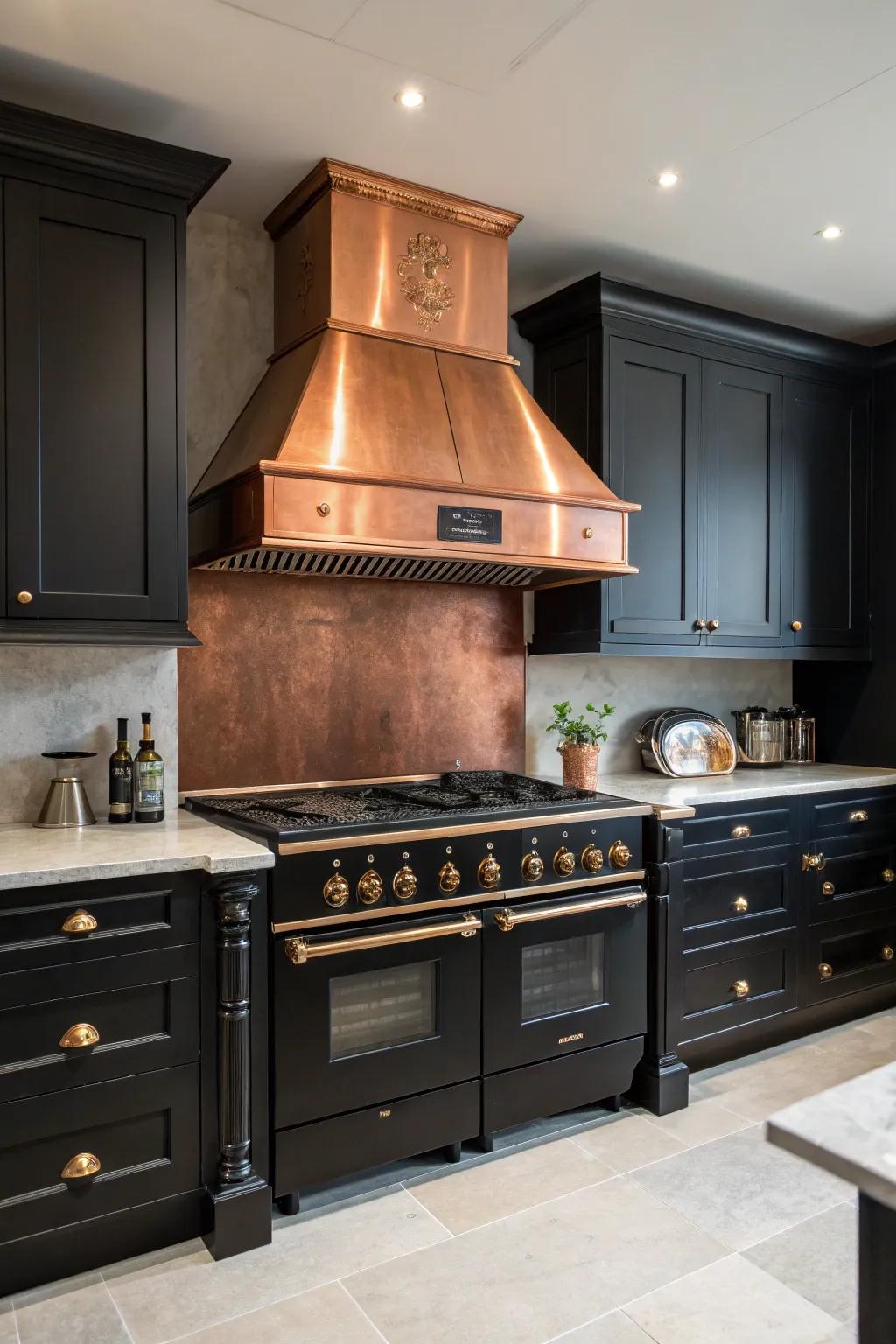 A copper cooker hood enhances the luxury feel in a black kitchen.