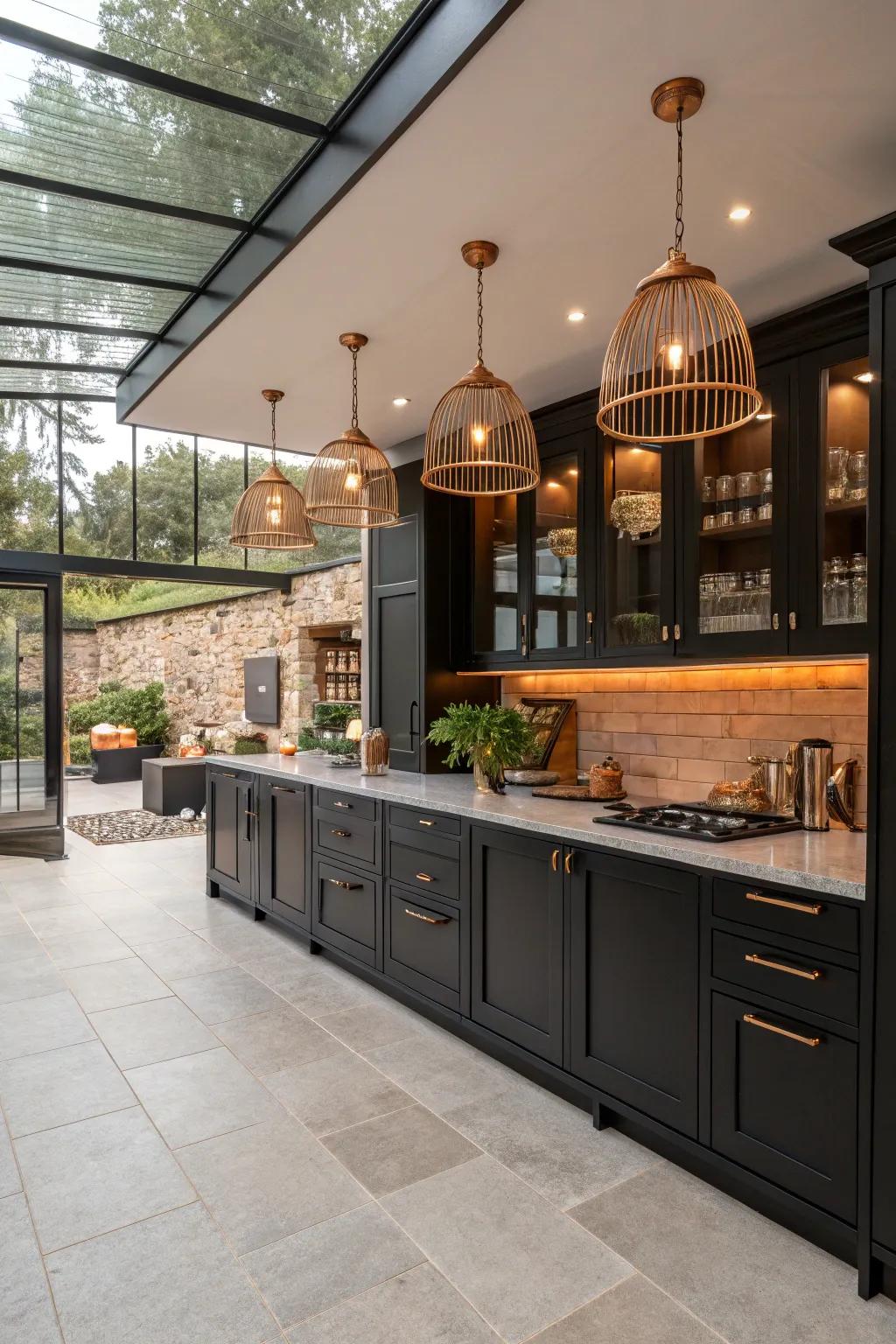 Copper highlights enhance the functionality of an open kitchen layout.