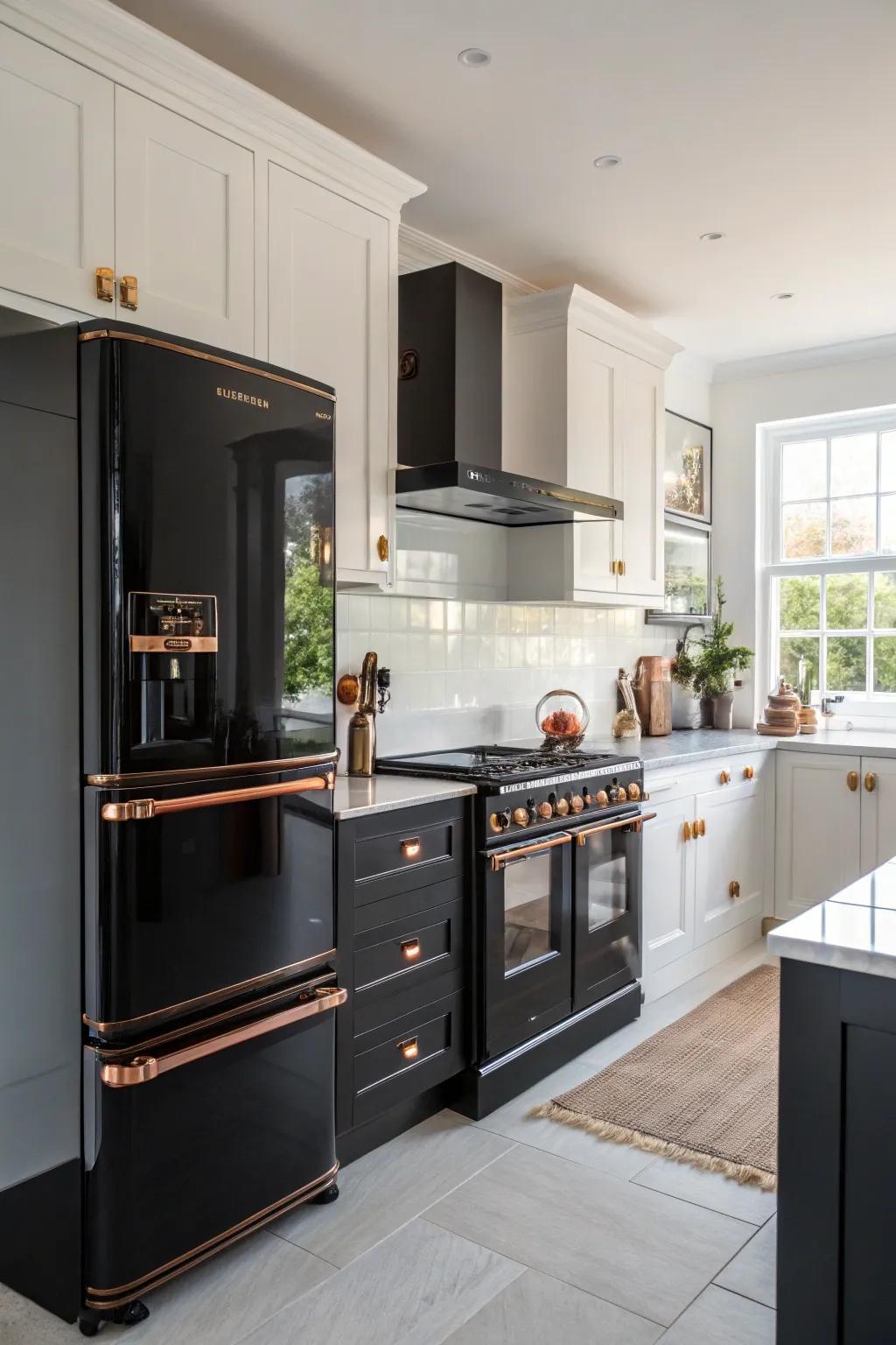 Copper-trimmed appliances unify the kitchen design for a harmonious look.