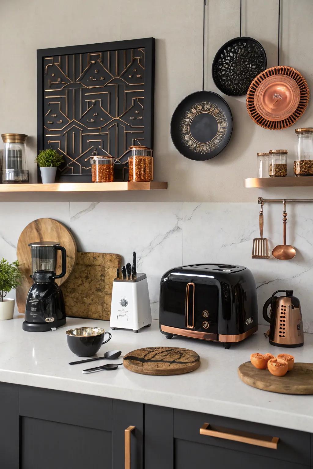 Black and copper accessories bring harmony to your kitchen design.