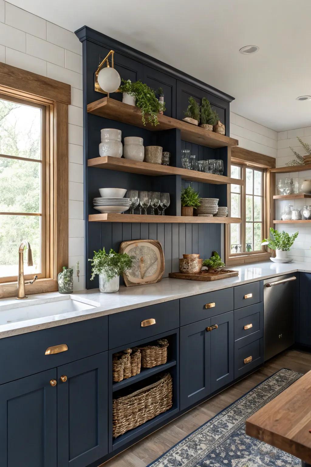 Open shelving adds personality and an airy feel to navy blue kitchens.
