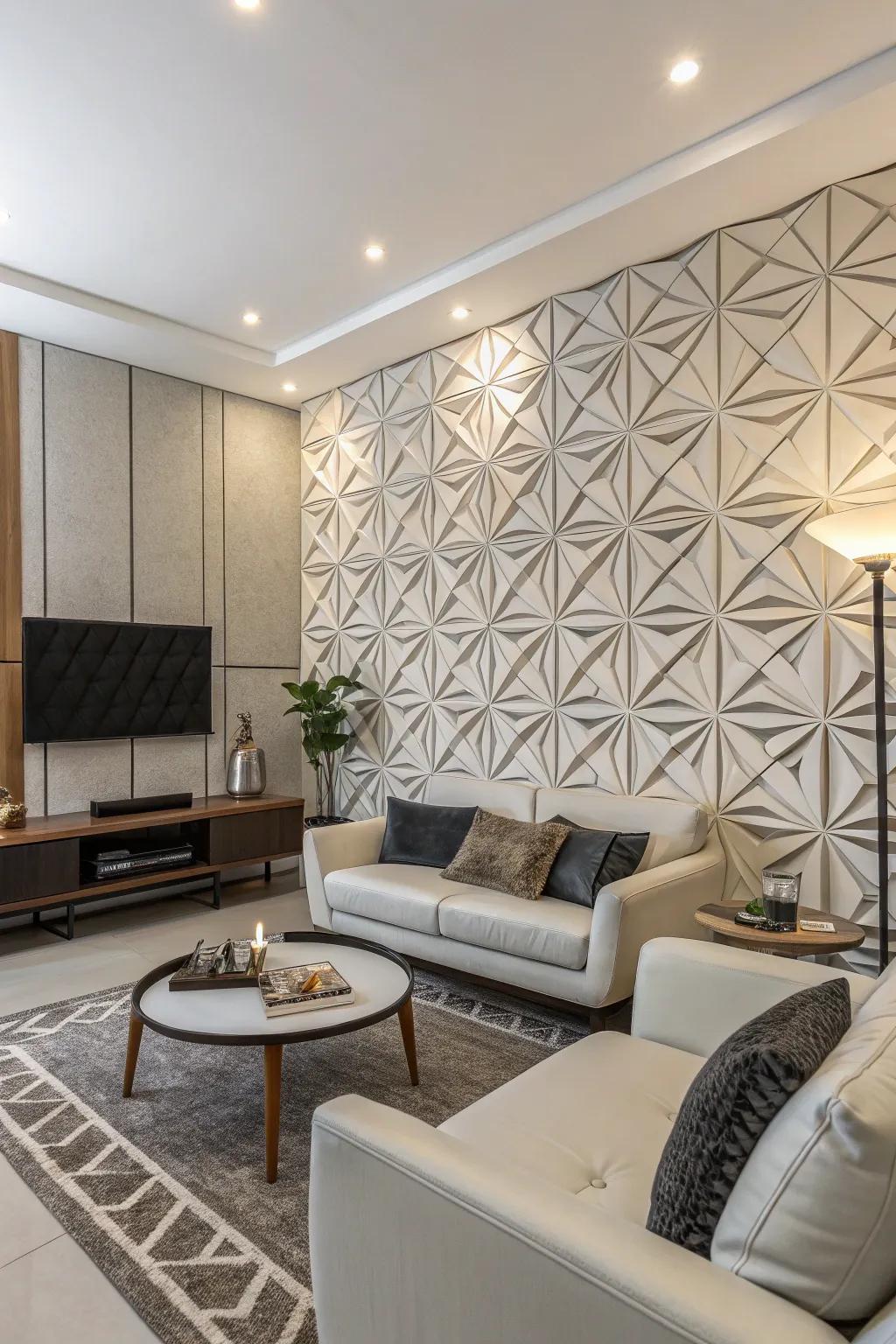 Geometric patterns bring dynamic energy to living room walls.